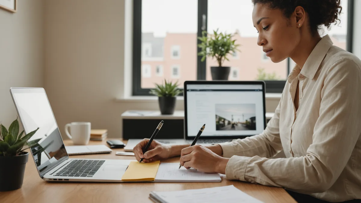 Workplace coaching session: a professional practicing spoken English in a modern office setting